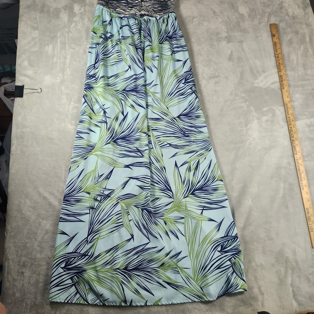 Roxy Tropical Leaf Strapless Maxi Dress M Blue Green Boho Beach Sundress